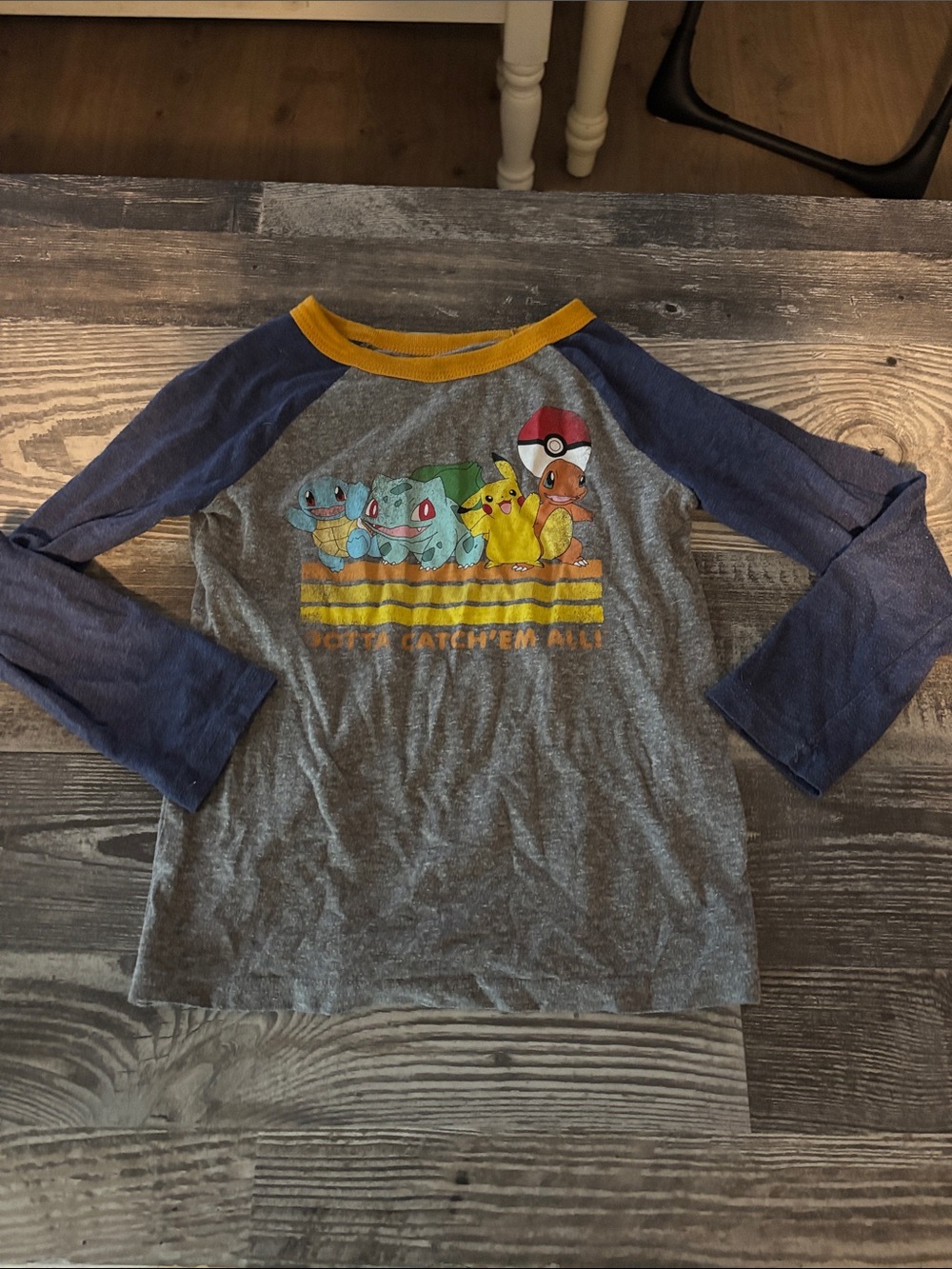 Pokemon Grey Raglan Tee with Navy Sleeves and Yellow Trim